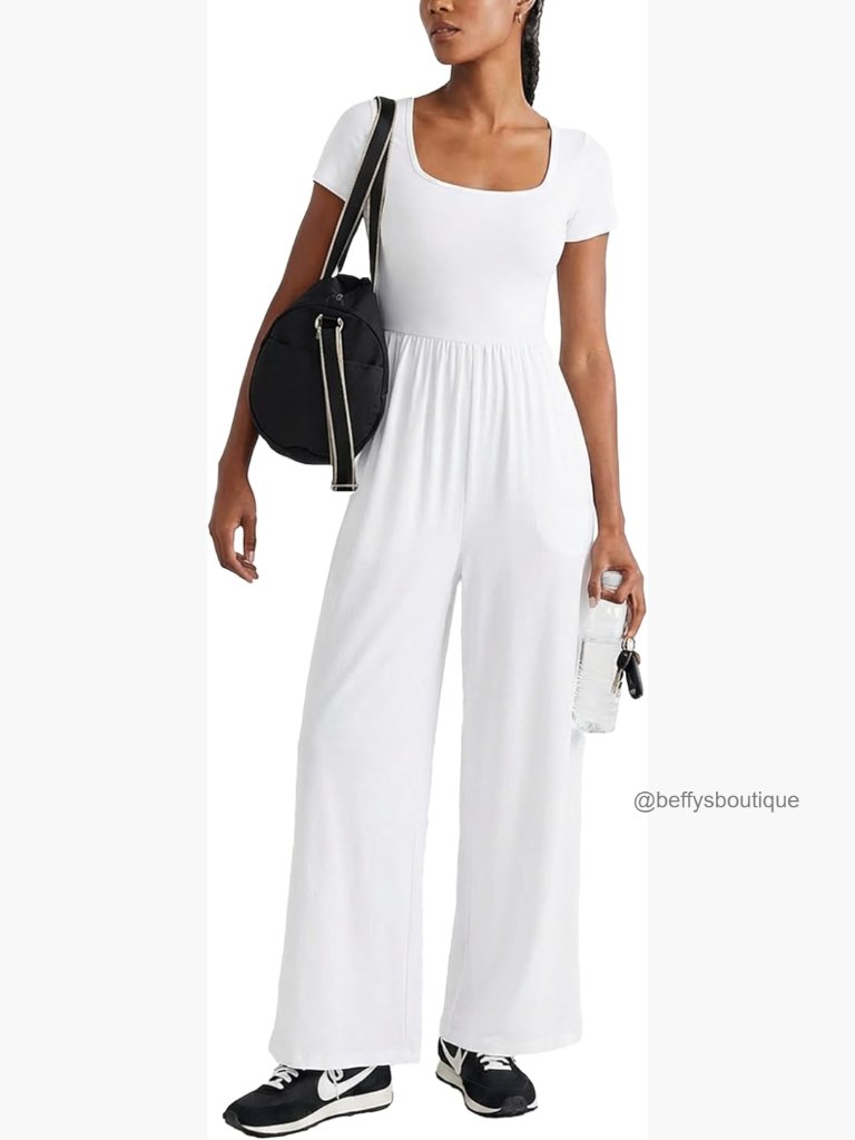 Women's Square Neck Short Sleeve Jumpsuit Wide Leg With Pockets